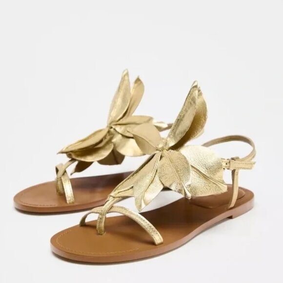 FLAT LEATHER SLIDER SANDALS WITH FLOWER - Picture 1 of 6